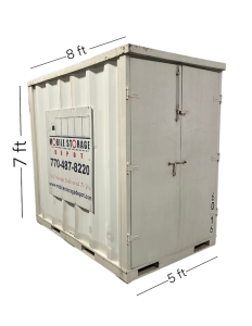 White storage container with text along each dimension describing 5 ft wide x 8 ft long x 7 ft tall